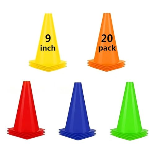 ANSLYQA Soccer Cones (9 Inch 20 Pack), Agility Training Sport Cone with Carry Bag for Drilling Football Basketball Field Markers, - color: 5 Colors
