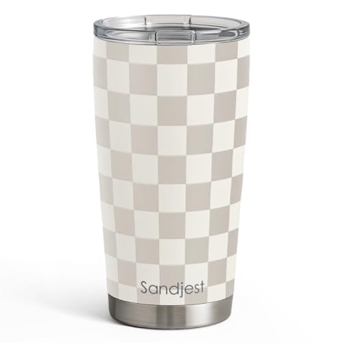 SANDJEST Checkered Tumbler 20oz Stainless Steel Insulated, Checker Travel Coffee Cup, Bow Gifts for Women Girls Teen, Birthday Christmas (Beige) - color: Checker (Beige)