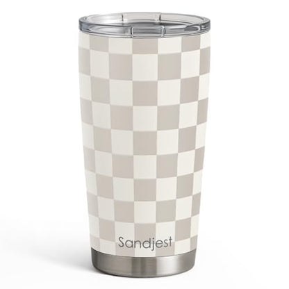 SANDJEST Checkered Tumbler 20oz Stainless Steel Insulated, Checker Travel Coffee Cup, Bow Gifts for Women Girls Teen, Birthday Christmas (Beige) - color: Checker (Beige)