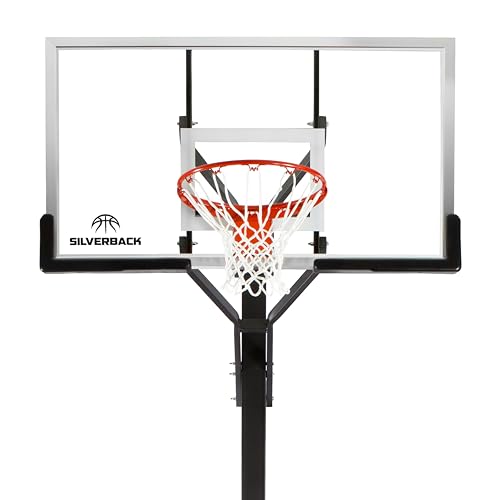 Silverback Height Adjustable In-Ground Basketball Hoop with Tempered Glass Backboard, Pro-Style Breakaway Rim & Backboard Pad