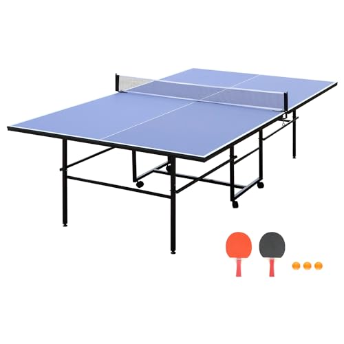 Table Tennis Table, 9 Ft Foldable & Portable Ping Pong Table Set with 2 Table Tennis Paddles, 3 Balls and Net for Indoor Outdoor Game - color: Blue-9 FT