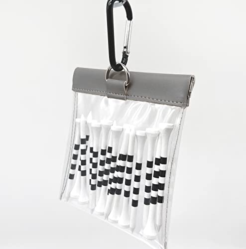 Golf Tee Pouch Bag Organizer with Clip, Transparent Squeeze Top Pocket for Golf Accessory and Valuable | 15 Bamboo Tees Included - color: Grey