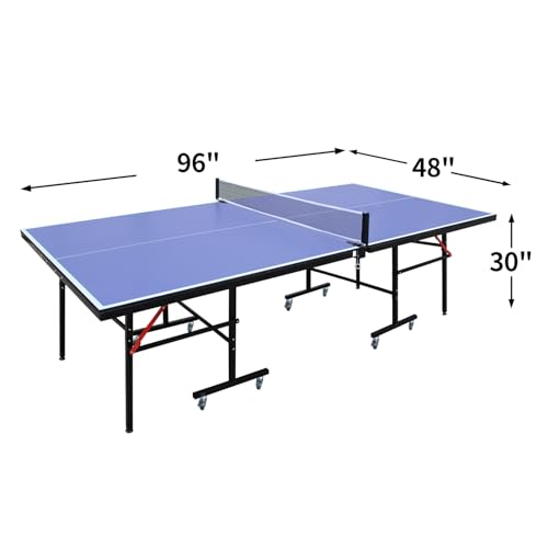 IUNNDS Portable Table Tennis Table 6/8/8.5/9FT Foldable Ping Pong Game Set for Indoor with Net and Post Set, 2 Paddles and 3 Balls - color: Blue-8FT with Wheel