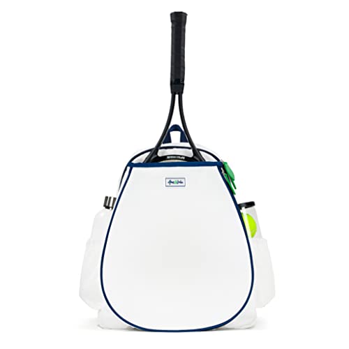 Ame & Lulu Game On Tennis Backpack - Contains Padded & Adjustable Straps - Two Exterior Water Bottle Pockets - color: White/Navy/Green