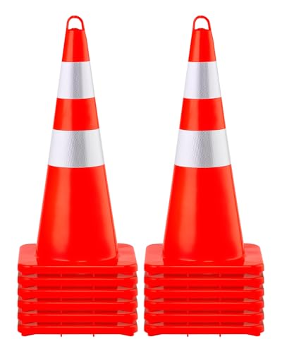 VEVOR Safety Cones, 12 x 28" Traffic Cones, PVC Orange Construction Cones, 2 Reflective Collars Traffic Cones with Weighted Base and Hand-Held Ring Used for Traffic Control, Driveway Road Parking