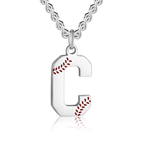 AIAINAGI Baseball Initial A-Z Letter Necklace - Men's Baseball Charm Pendant in Stainless Steel Silver Chain, 22inch Personalized Gift - style: C Letter