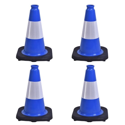 4 Pack 12 Inch Blue PVC Traffic Cones Black Base, Sport Training Cones for Soccer Drills, Outdoor Play, Indoor Gym Activities (4, Blue, 12 Inch)