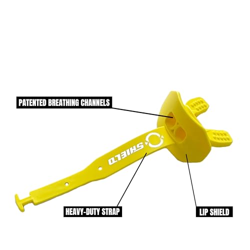 O Shield Striker Football Mouth Guard with Connected Strap, No Boil Brace Friendly Lip Guard for Tackle Football, Youth and Adult - color: Yellow / Gold