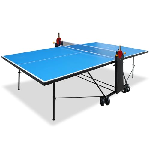 Ping Pong Table Foldable & Portable 6/8/9FT Table Tennis Table Set for Indoor & Outdoor Games with Net & Post, 2 Table Tennis Paddles and 3 Balls - color: Blue-Professional 9x5FT