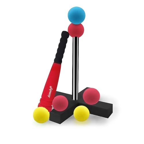 Aoneky Soft Foam T Ball Set for Toddlers 1-3 Years, Mini Baseball Toy with Carry Bag, Safe First Baseball Toy for Boys Girls, Indoor Outdoor Toddler Toys Gifts (Red) - color: Red