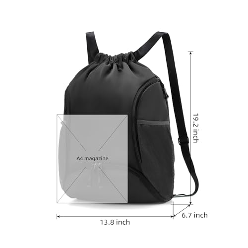 Valleycomfy Sports Gym Bag Drawstring Backpack with Shoes Basketball Bag and Two Water Bottle Holder,Black