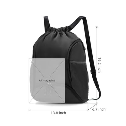 Valleycomfy Sports Gym Bag Drawstring Backpack with Shoes Basketball Bag and Two Water Bottle Holder,Black