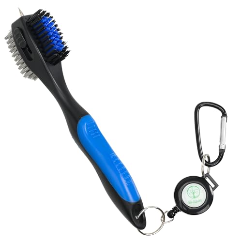 Mile High Life Golf Club Brush, Club Groove Cleaner with 2 Ft Retractable Extension Cord and Aluminum Carabiner, Golf Bag Accessories for Men and Women - color: Pro Head-blue