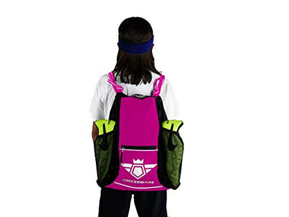 Soccerware Soccer Bag Backpack - Youth & Kids, Organize Sports Gym Equipment - Boys Girls - color: Pink