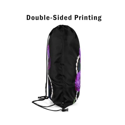 Castle Fairy Noble Elegant Purple Roses Drawstring Gym Bag,Pearl Foldable Waterproof Drawstring Backpack,Beautiful Flowers Draw String Back Bags for Shopping,Swimming,Beach,Black Purple - color: Black Purple
