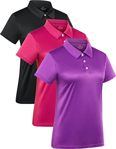 3-Pack Women's Short-Sleeve Sport Polo Shirts Quick Dry Moisture-Wicking Activewear Polos Tops for Work - color: Black/Fuchsia/Purple, size: Large