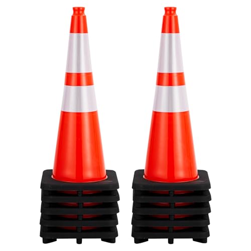 Traffic Cones 28", ExploreHorizon 10 PCS Safety Cones, PVC Orange Safety Road Parking Cones with 2 Reflective Collars,Hazard Construction Cones for Home Traffic Parking - size: 10 PCS Traffic Cones 28"