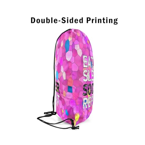 Castle Fairy Eat Sleep Soccer Repeat Drawstring Backpack Diamond Sackpack for Beach Swimming Pool Colorful Tie Dye Draw String Bags Waterproof Sports Gym - color: Pink 4