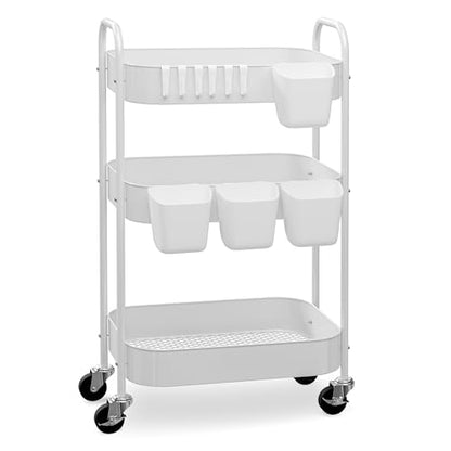 3-Tier Metal Rolling Cart with Wheels, Storage Utility Organizer Cart for Kitchen, Bathroom, Office, Baby Essentials & Makeup - Lockable Casters, Easy Assembly, Large Capacity, White