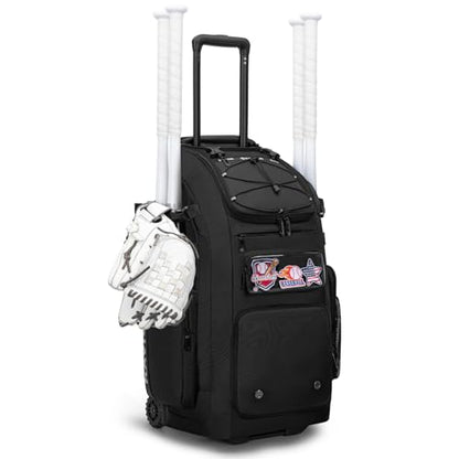 KAVIGOR 80L Rolling Baseball & Softball Bag for Youth & Adult, Holds 3 Gloves & 4 Bats, Custom Team Panel, Travel Ball Ready - color: Black
