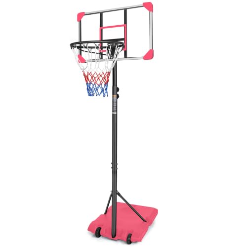 Portable Basketball Hoops Height Adjustable 5.6ft -7ft Basketball System 28 Inch Backboard with Wheels for Teenagers Youth Indoor Outdoor Use - color: Pink