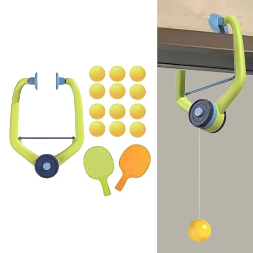 Hanging Table Tennis Trainer with Racket Balls for Door Frame Parent-Child Interaction Toy for Indoor Activity, Green Orange Rackets