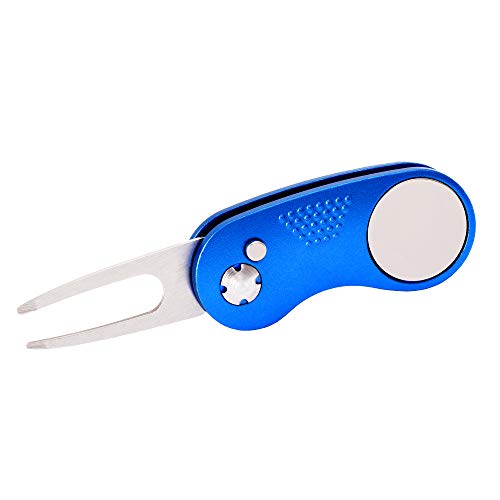 Mile High Life Golf Divot Repair Tool, All Metal Foldable Divot Tool with Pop-up Button & Magnetic Ball Marker - color: Blue Curve