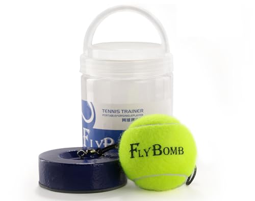 Flybomb Tennis Trainer Rebound Ball – 14.1 Ft Retractable String & Heavy Iron Base – Portable & Easy to Use – Tennis Practice for Adults & Kids – Tennis Serve Trainer – Solo Tennis Training Equipment