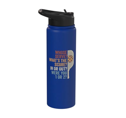 Whose Serve What's the Score Funny Pickleball Questions Stainless Steel Insulated Water Bottle - color: Royal Blue