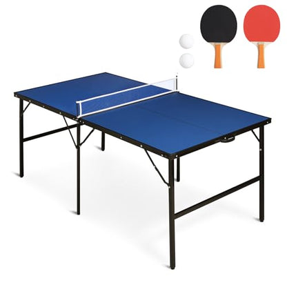 6x3 ft Mid Size Portable Ping Pong Table, Indoor Outdoor Folding Table Tennis Table, Table Tennis for Rec Room w/ 2 Paddles, 2 Balls, Game Net and Adjustable Feet, Sturdy Iron Frame (Blue)