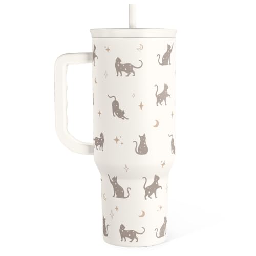 Gift for Cat Lovers Cat Mom – 40oz Stainless Steel Tumbler with Handle and Straw - Travel Coffee Mug for Women, Gift for Birthday, Christmas - color: Cat