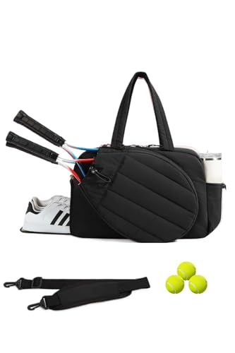 Pickleball,Tennis Racket Bag,Gym Bag for Women,Man. Quilted, Holds 2 Rackets with Shoe Compartment. Sport Bag for Gym, Court, Travel Duffle Bag - color: Black