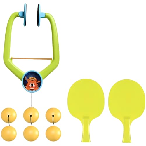 Fun Cartoon Hanging Table Tennis Trainer Kit, Doorway Table Tennis Set, 2 Paddles, 6 Balls, Adjustable Height, Coordination Training for Indoor Activity