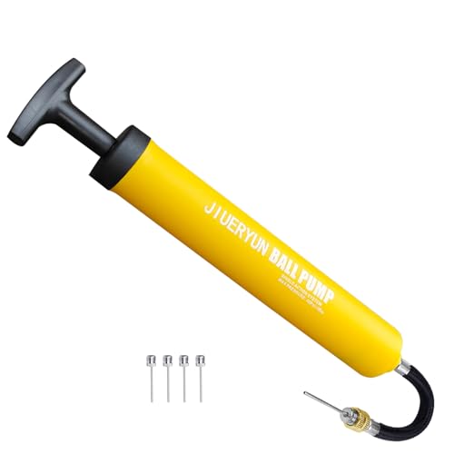 Sports Ball Pump Inflator with 5 Needles (Pin), Dual Action Hand Held Portable Air Pump with pins to Inflate Soccer Ball, Football, Volleyball, Rugby, Netball & Basketball - color: pump_yellow