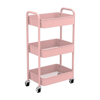 CAXXA 3-Tier Rolling Metal Storage Organizer - Mobile Utility Cart with Caster Wheels, Pink - color: Pink