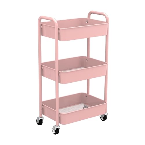 CAXXA 3-Tier Rolling Metal Storage Organizer - Mobile Utility Cart with Caster Wheels, Pink - color: Pink