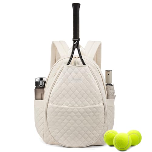 Tennis Bags for Women, Quilted Tennis Racket Bag Backpack for Tennis Racquet, Pickleball Paddles, Badminton - color: Beige, size: Medium