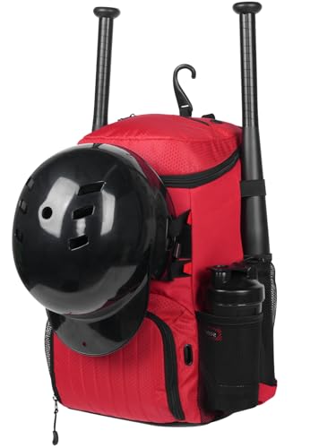 Lightweight Baseball Bat Backpack with Shoe Compartment, Softball Gift for Women with Fence Hook & Batting Glove, Helmet | Multiple Colors - color: red