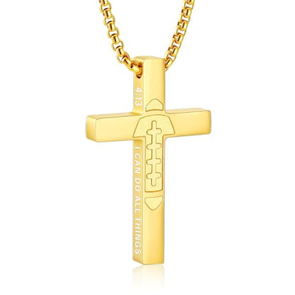 Football Cross Necklace for Boys Men, Stainless Steel Bible Verse Cross Pendant Chain Sports Gear Stuff Christian Religious Jewelry Gifts for Teen Boys Kids - color: Gold, style: PHILIPPIANS 4:13