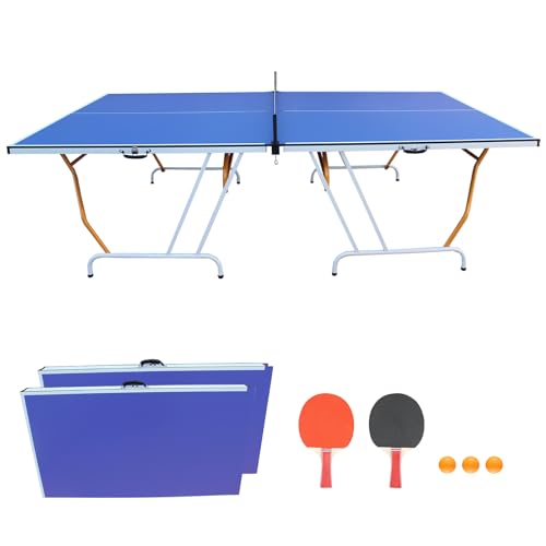 9ft Mid-Size Foldable Table Tennis Table Set - Portable Ping Pong Table for Indoor & Outdoor Games with Net, 2 Paddles, and 3 Balls