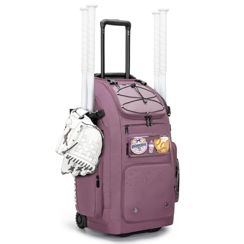 KAVIGOR 80L Rolling Baseball & Softball Bag for Youth & Adult, Holds 3 Gloves & 4 Bats, Custom Team Panel, Travel Ball Ready - color: Berry Pink
