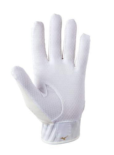 Mizuno MVP Adult Baseball Batting Gloves | Pair | Adult, Youth, and TBall | Nonslip Palm | FlexMesh Back | QuikAdjust Wrist Tab - color: White/Gold, size: Large, style: MVP Youth Baseball Batting Glove