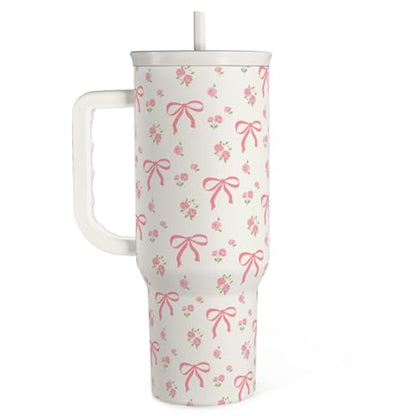 Bow Tumbler with Handle 40oz, Stainless Steel Insulated Tumblers Coffee Travel Cup with Slider Straw Lid, Gifts for Women Teen Girls Birthday - color: Bow