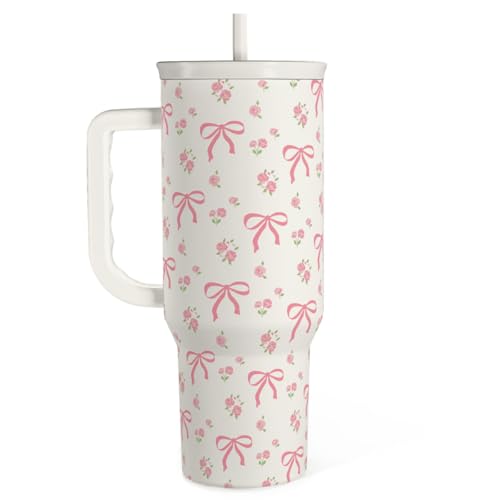 Bow Tumbler with Handle 40oz, Stainless Steel Insulated Tumblers Coffee Travel Cup with Slider Straw Lid, Gifts for Women Teen Girls Birthday - color: Bow