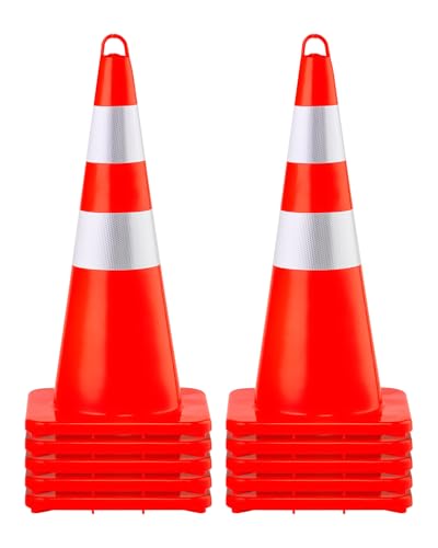 VEVOR Safety Cones, 10PCS 28" Traffic Cones, PVC Orange Construction Cones, 2 Reflective Collars Traffic Cones with Weighted Base and Hand-Held Ring Used for Traffic Control, Driveway Road Parking