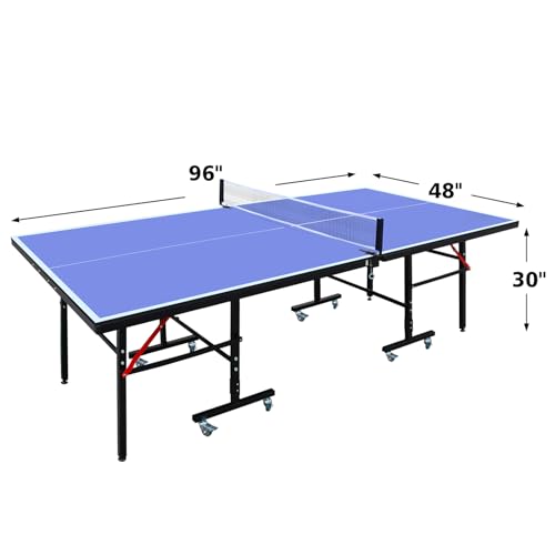 Professional Table Tennis Table, Foldable Ping Pong Game Set for Indoor, 8FT 9FT Single Player Playback Mode Ping Pong Table with Net and Post Set, 2 Paddles and 3 Balls (Blue-8x4FT-Thicker Legs)