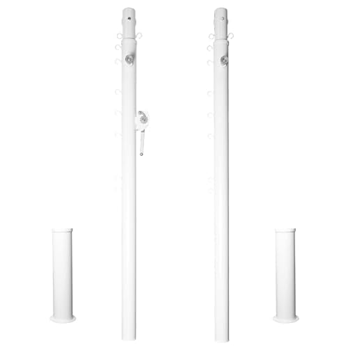 Aoneky Permanent Adjustable Volleyball Post System - Complete Set with 2 Steel Poles & Ground Sleeves, 6 Height Settings for Badminton & Volleyball, Includes Winch for In-Ground Install - color: White, style: Round