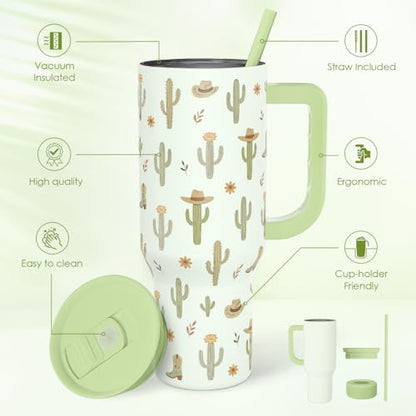 SANDJEST Cactus 40oz Tumbler with Handle and Straw, Insulated Stainless Steel Travel Coffee Mug for Women Girls, Gift Idea for Birthday Christmas Mothers Day - color: Cactus