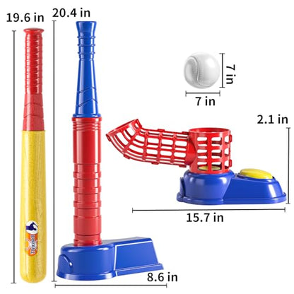 TEMI 2 in 1 Tee Ball Set for Kids 3-8, Kids Baseball T-Ball Set with 10 Balls, Step on Pitching Machine, Batting Tee, Outdoor Sport Toy Games for 3-12 Year Old Boys Girls Toddler