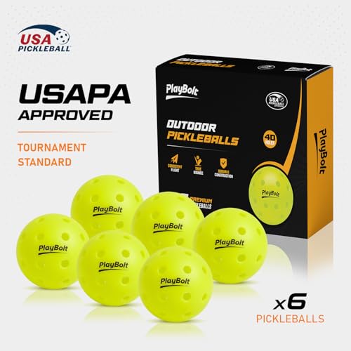 PlayBolt Outdoor Pickleball Balls - Premium Pickle Balls Set USAPA Approved, 40 Hole Crack Resistant Tournament Ready Pickleballs - color: Electric Yellow, size: 6 Pack